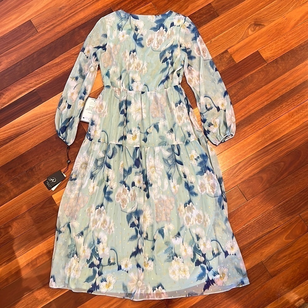 Adrianna Papell Mint Floral V-Neck Long Sleeve Midi Dress - Picture 7 of 10